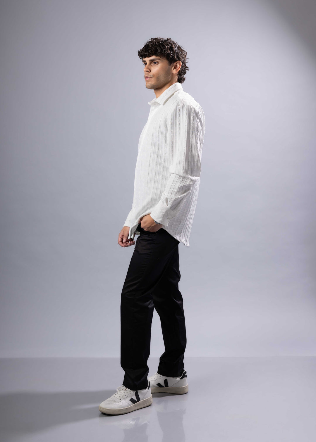 Ribbed Stripe Weave Textured Button-Up Long Sleeve Shirt – Modern Fit