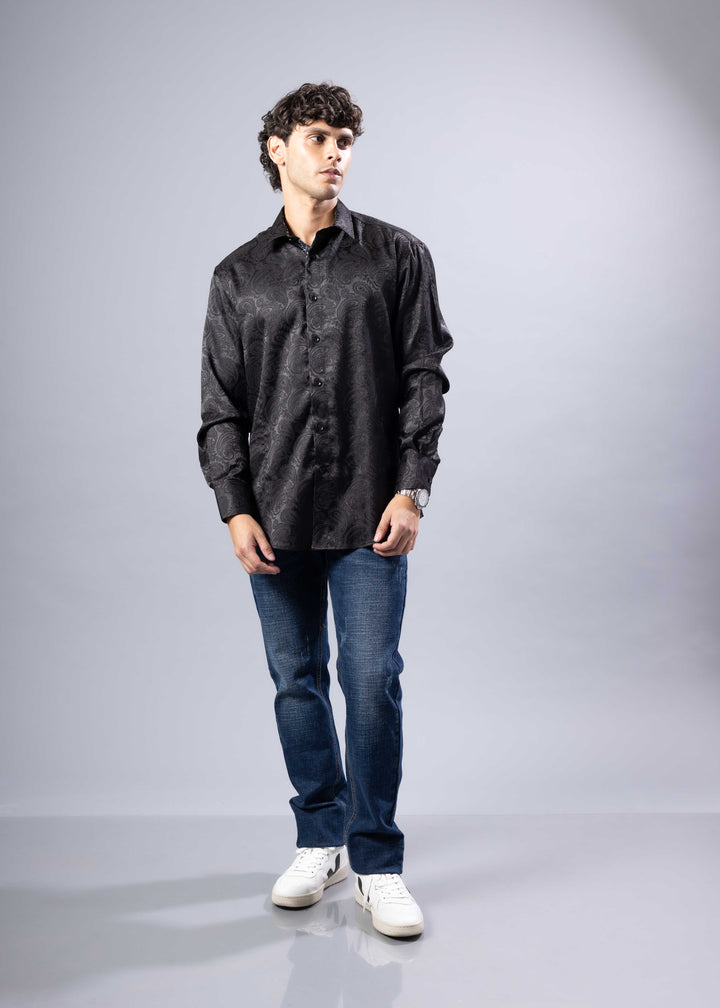 Elevated Jacquard Button-Up Shirt with Contrast Cuffs – Modern Fit