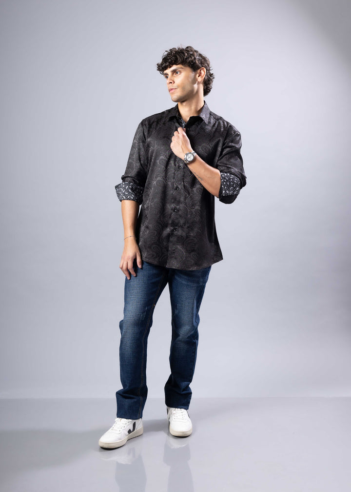 Elevated Jacquard Button-Up Shirt with Contrast Cuffs – Modern Fit