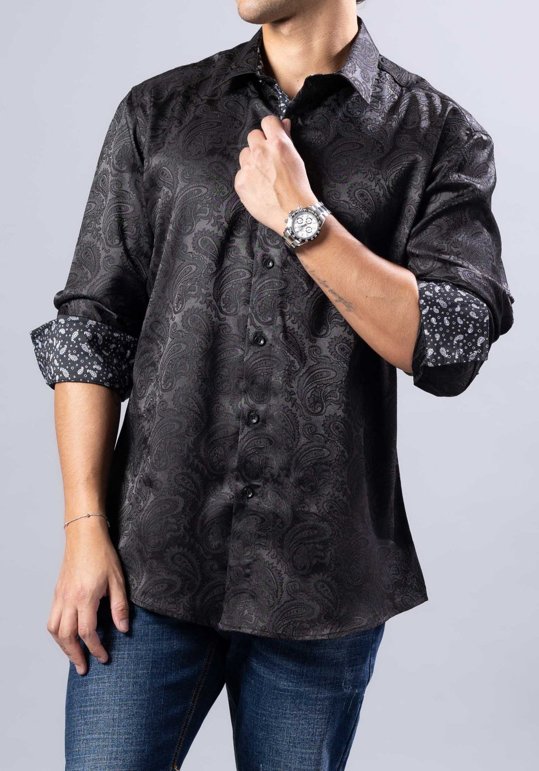 Elevated Jacquard Button-Up Shirt with Contrast Cuffs – Modern Fit
