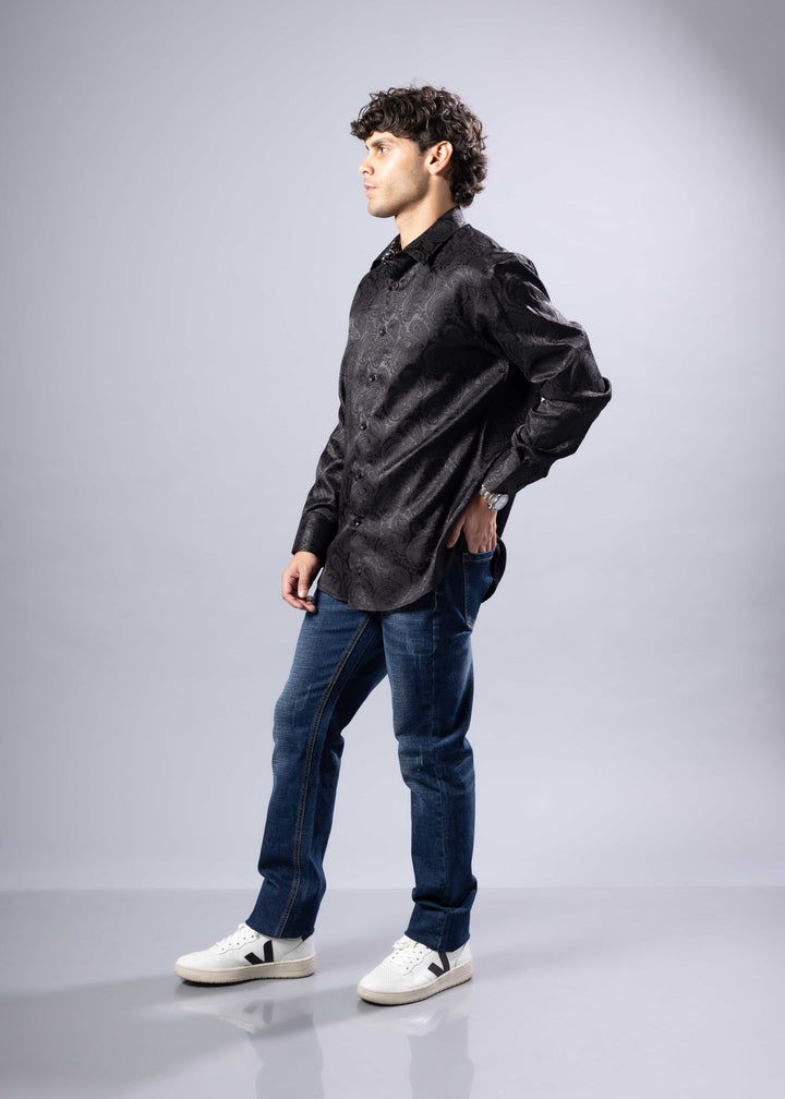 Elevated Jacquard Button-Up Shirt with Contrast Cuffs – Modern Fit