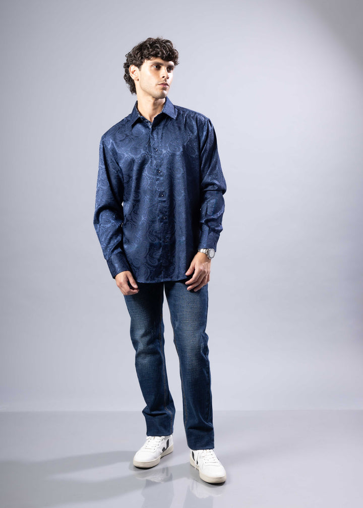 Elevated Jacquard Button-Up Shirt with Contrast Cuffs – Modern Fit