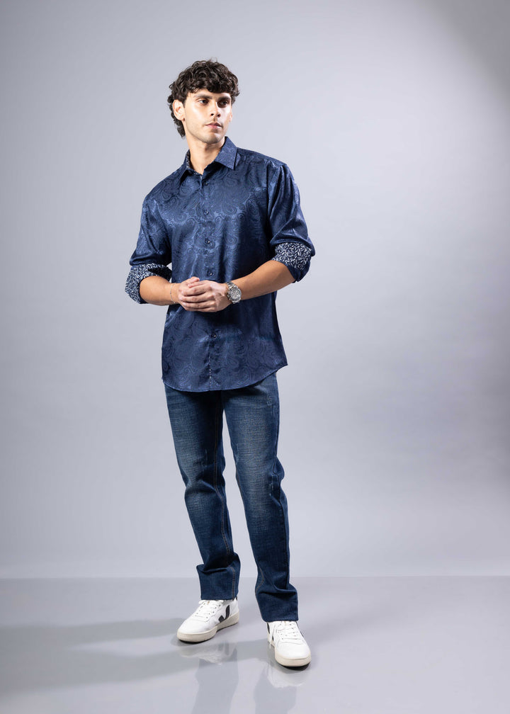 Elevated Jacquard Button-Up Shirt with Contrast Cuffs – Modern Fit
