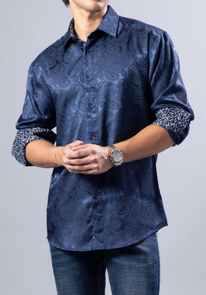 Elevated Jacquard Button-Up Shirt with Contrast Cuffs – Modern Fit