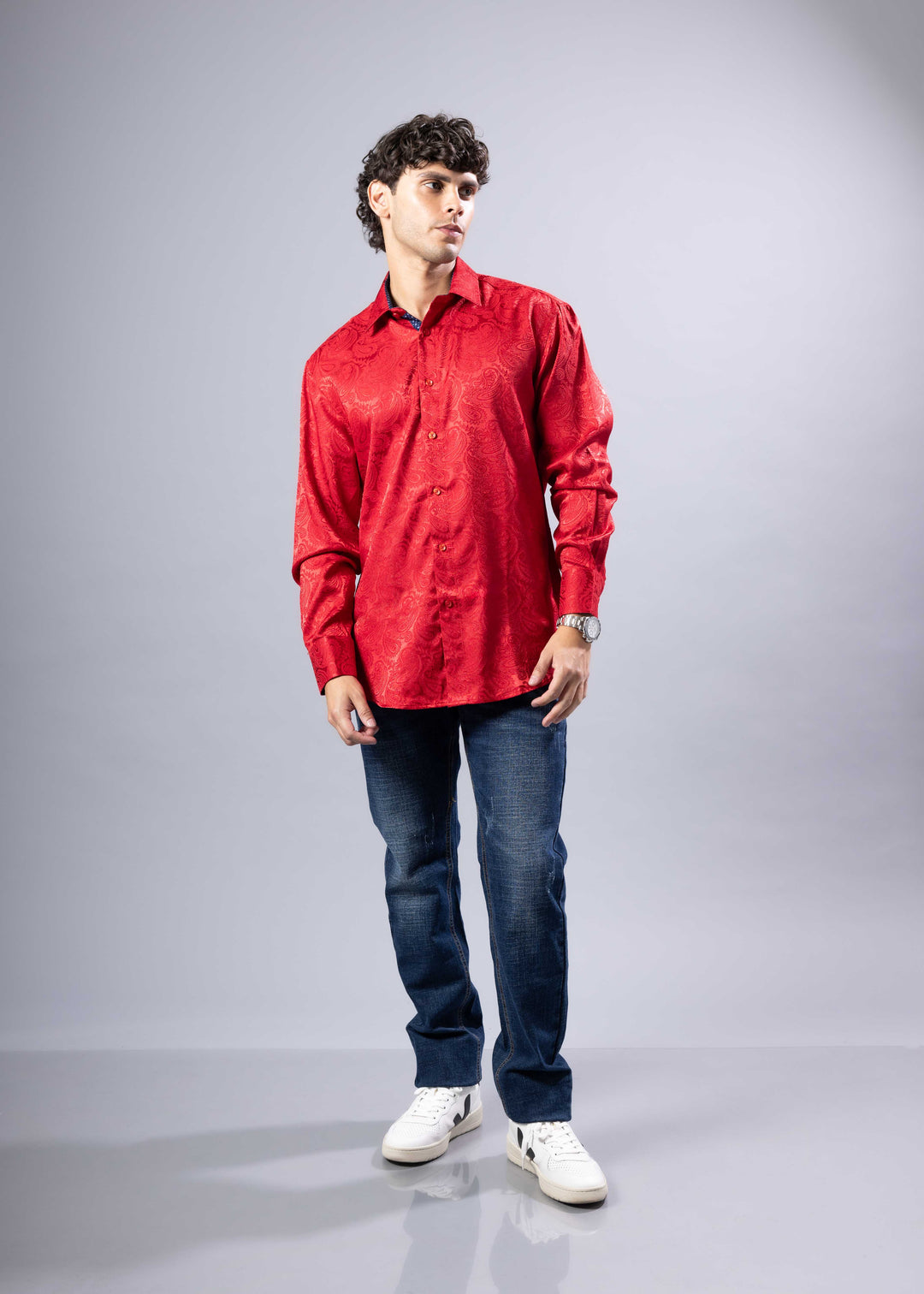 Elevated Jacquard Button-Up Shirt with Contrast Cuffs – Modern Fit