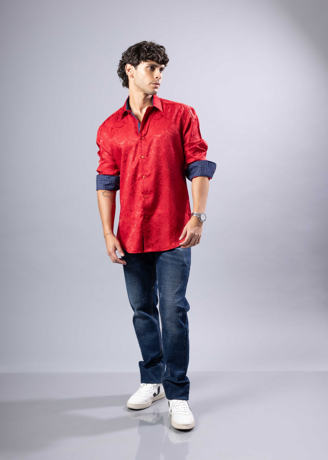 Elevated Jacquard Button-Up Shirt with Contrast Cuffs – Modern Fit