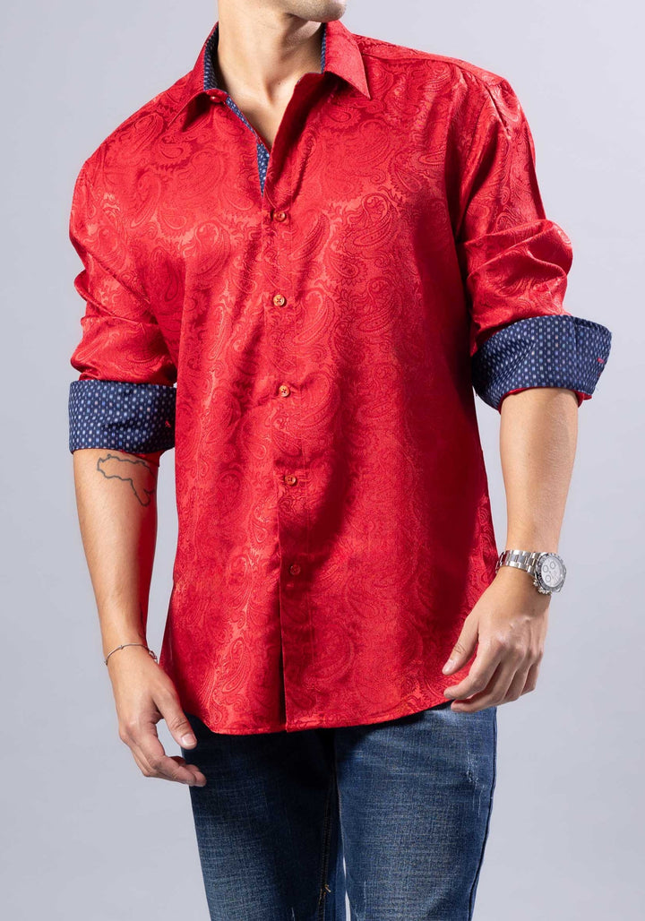 Elevated Jacquard Button-Up Shirt with Contrast Cuffs – Modern Fit