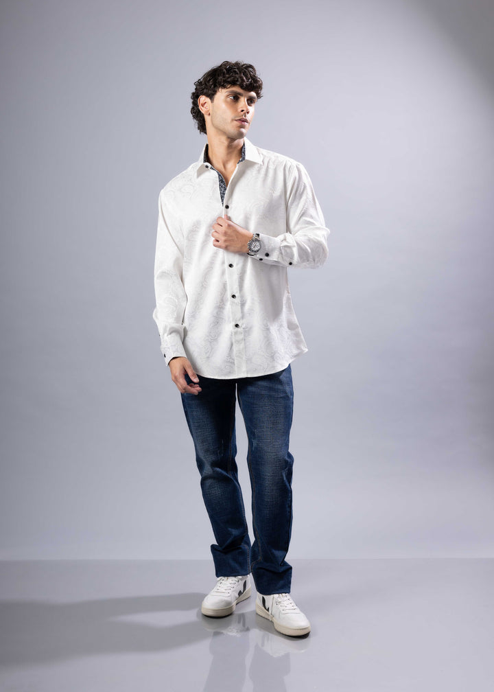 Elevated Jacquard Button-Up Shirt with Contrast Cuffs – Modern Fit