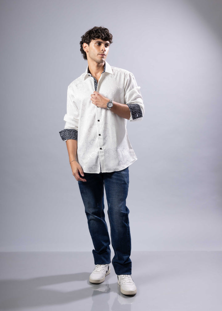 Elevated Jacquard Button-Up Shirt with Contrast Cuffs – Modern Fit