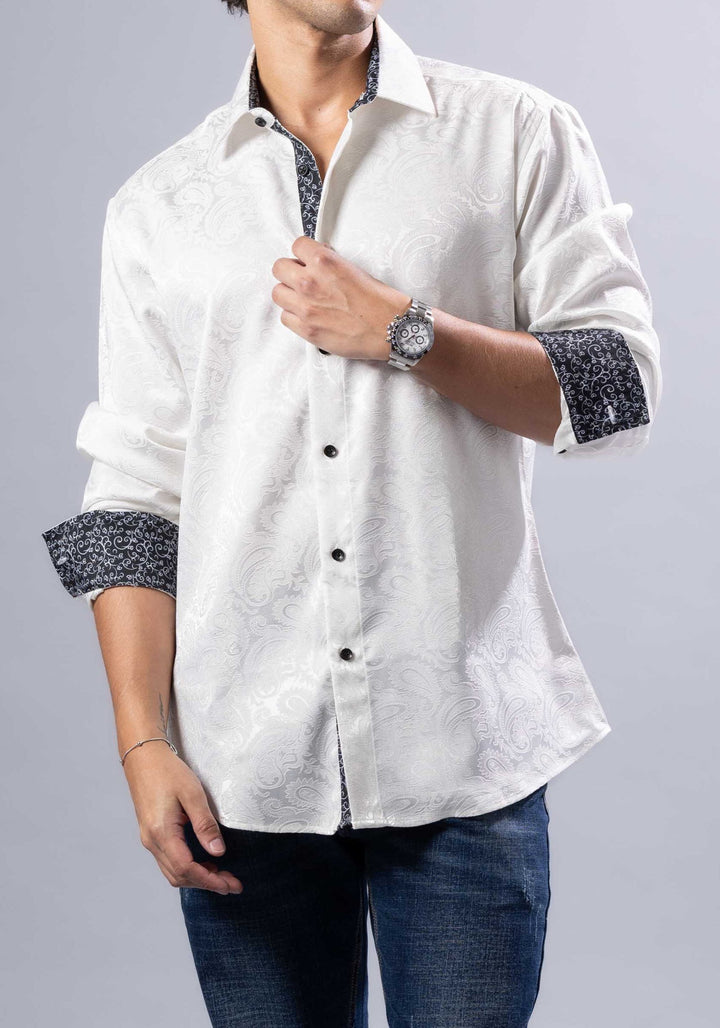 Elevated Jacquard Button-Up Shirt with Contrast Cuffs – Modern Fit