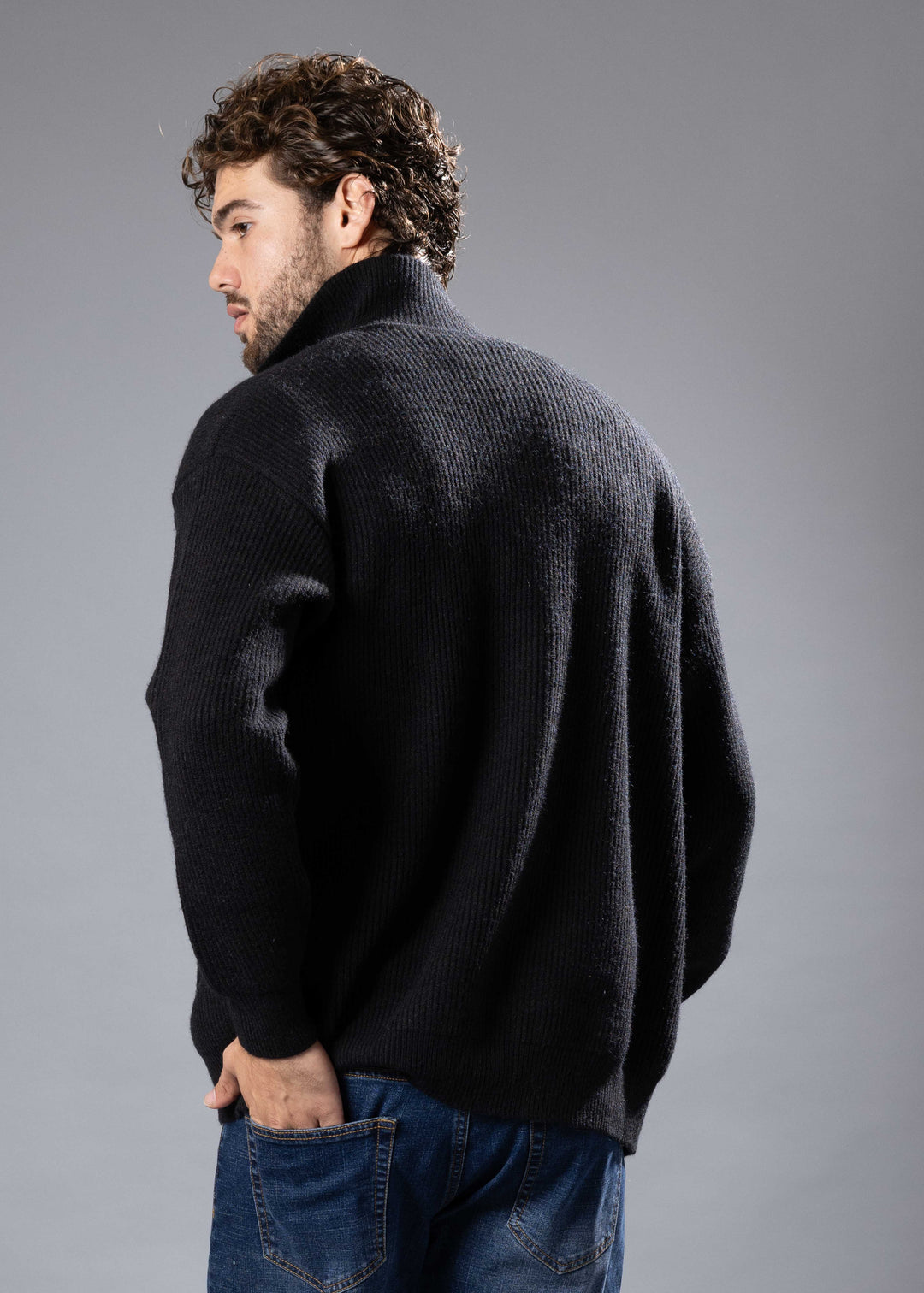 Ribbed Funnel Neck Button-Up Sweater