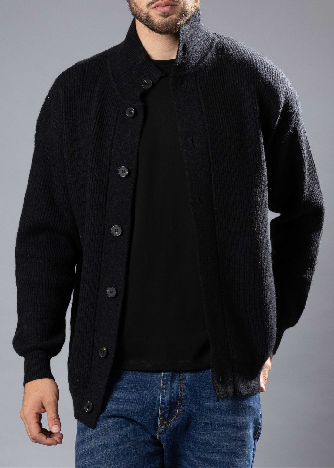 Ribbed Funnel Neck Button-Up Sweater