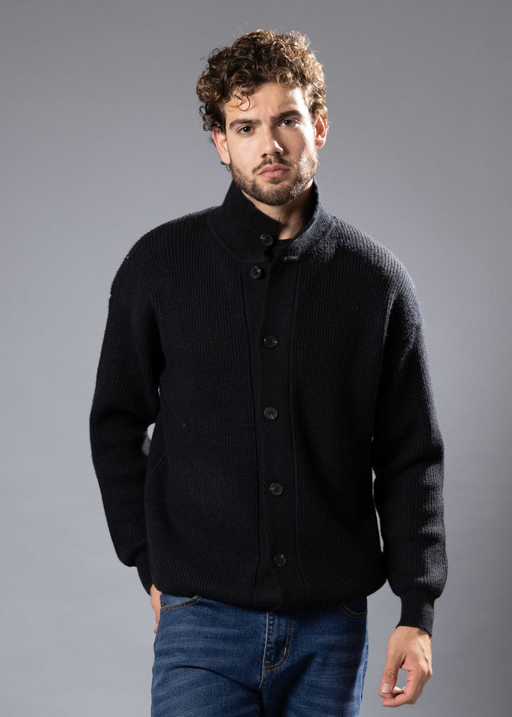 Ribbed Funnel Neck Button-Up Sweater