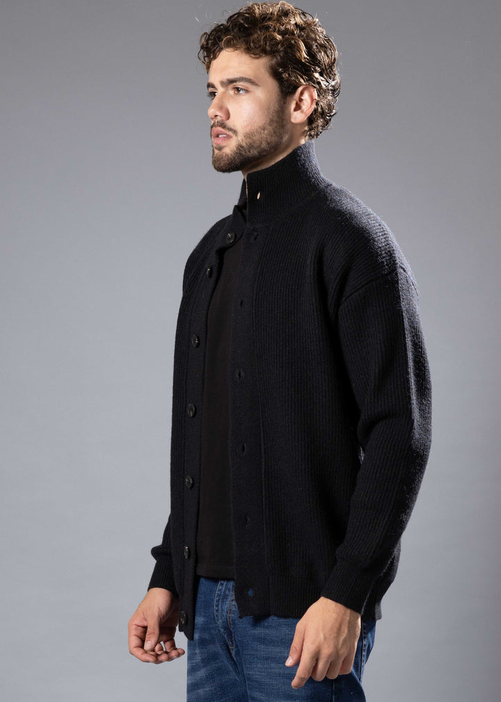 Ribbed Funnel Neck Button-Up Sweater