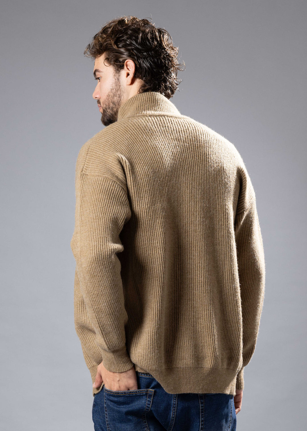 Ribbed Funnel Neck Button-Up Sweater