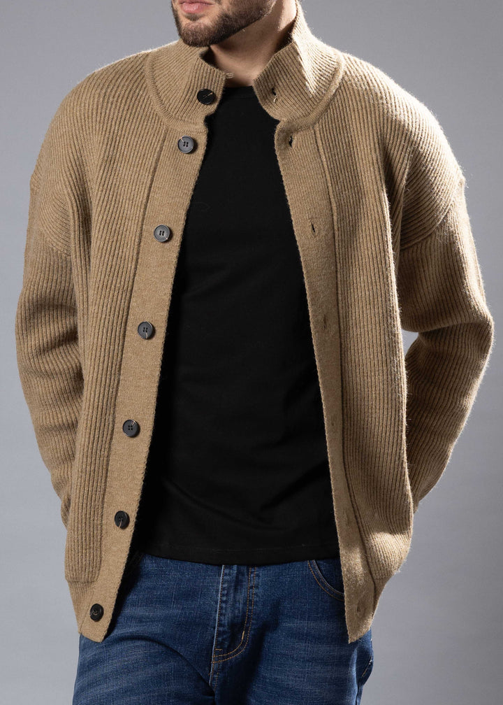 Ribbed Funnel Neck Button-Up Sweater