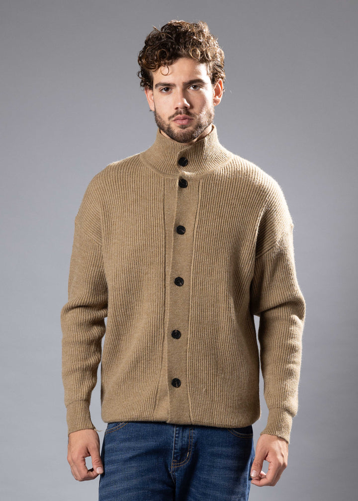 Ribbed Funnel Neck Button-Up Sweater