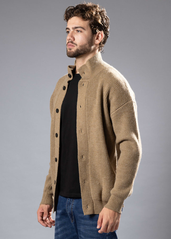 Ribbed Funnel Neck Button-Up Sweater