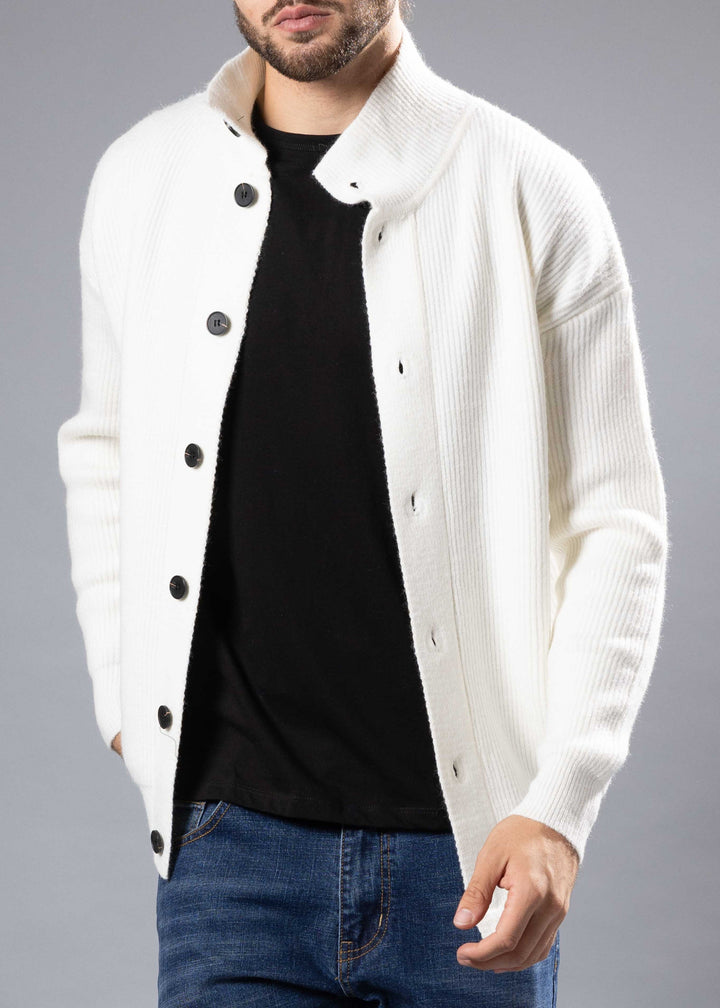 Ribbed Funnel Neck Button-Up Sweater