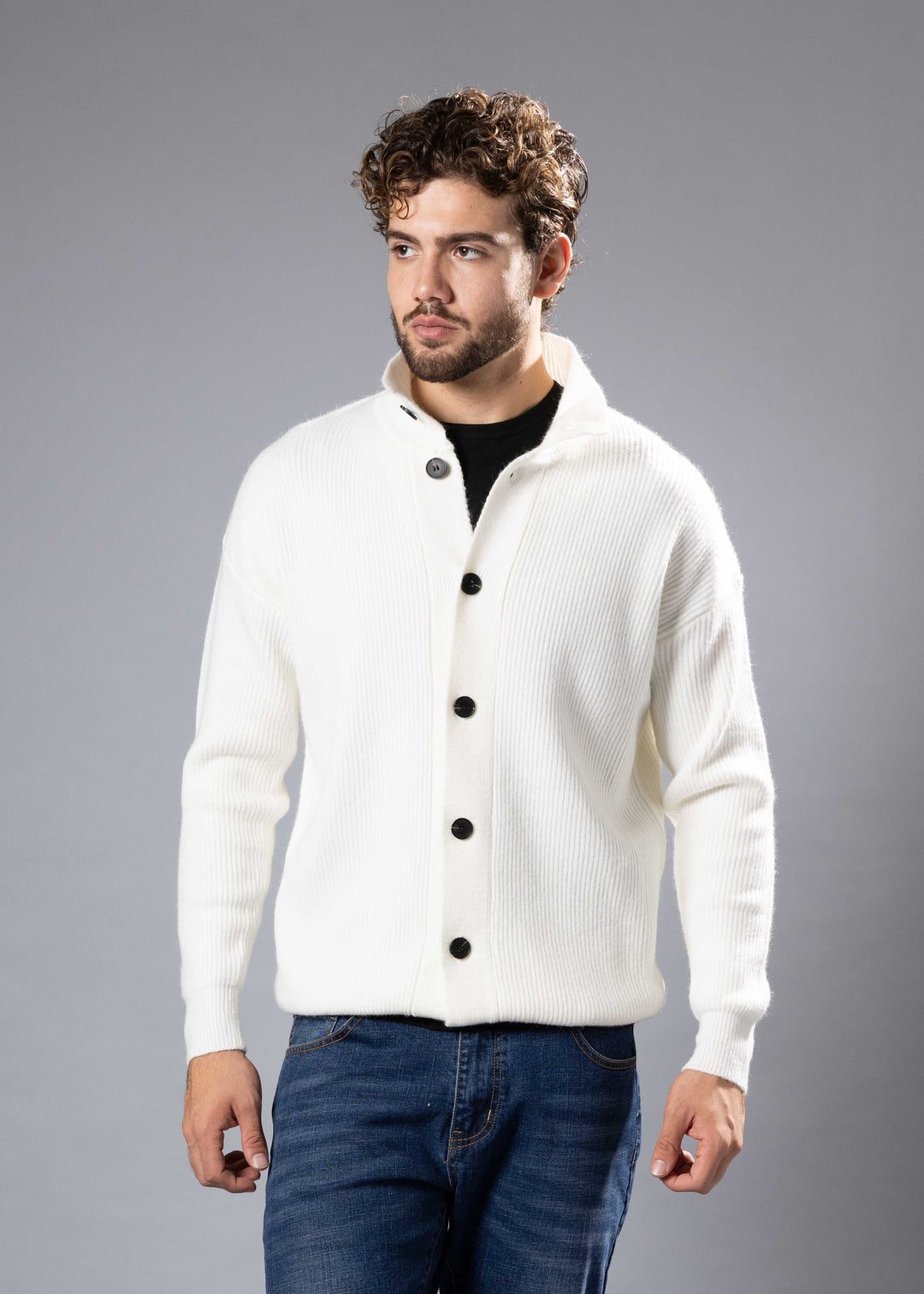 Ribbed Funnel Neck Button-Up Sweater