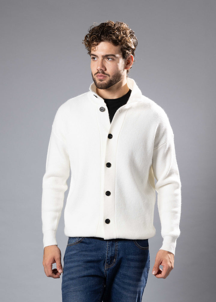 Ribbed Funnel Neck Button-Up Sweater