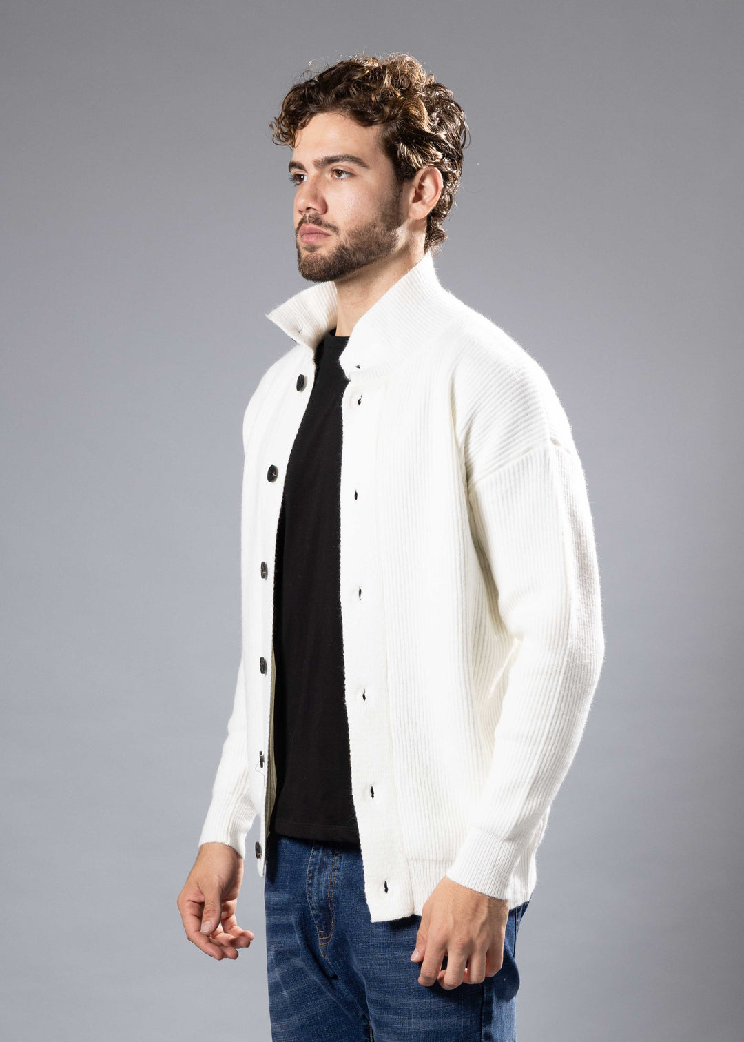 Ribbed Funnel Neck Button-Up Sweater