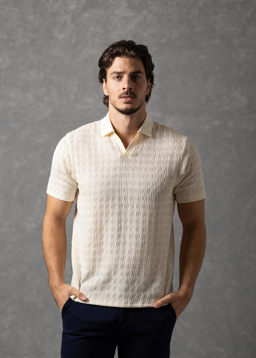 Geometric Textured Knit Polo Shirt