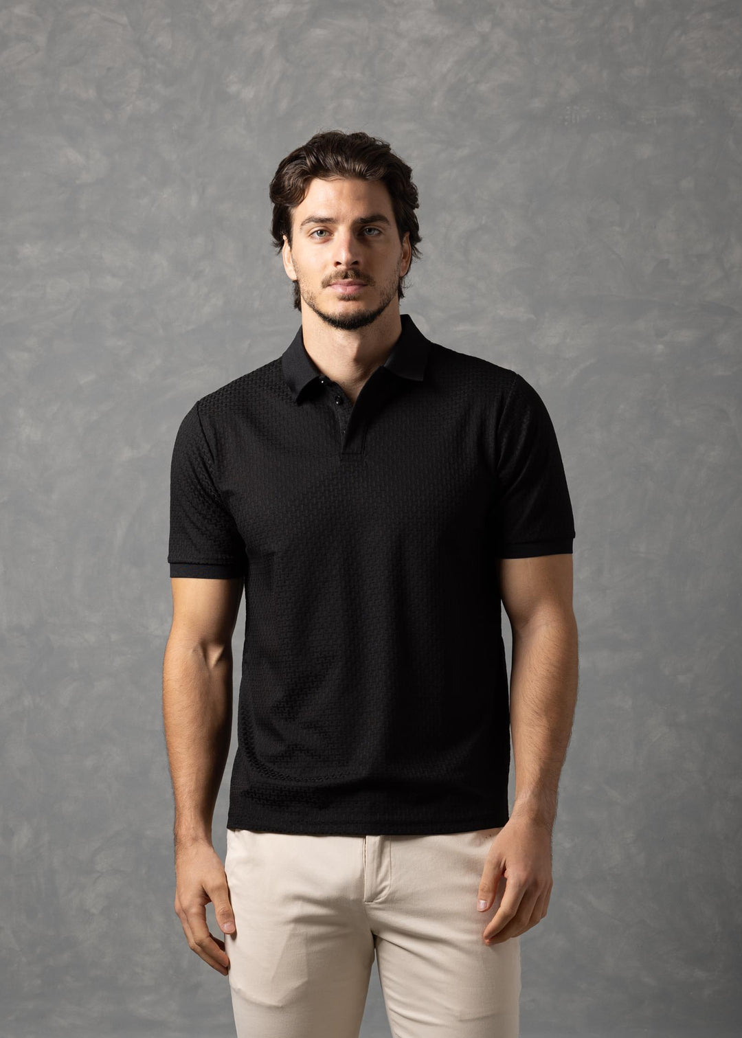 Basketweave Textured Knit Polo Shirt