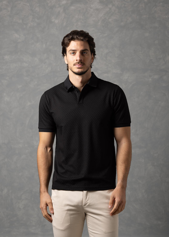 Basketweave Textured Knit Polo Shirt