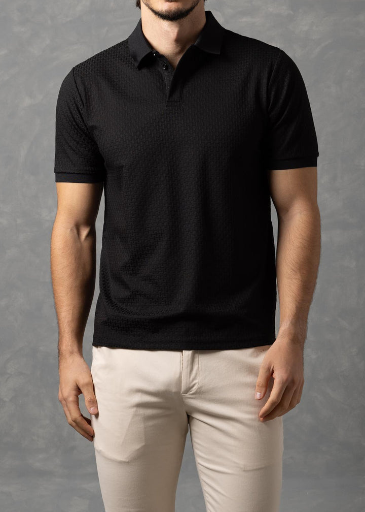 Basketweave Textured Knit Polo Shirt
