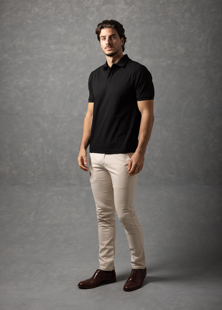 Basketweave Textured Knit Polo Shirt