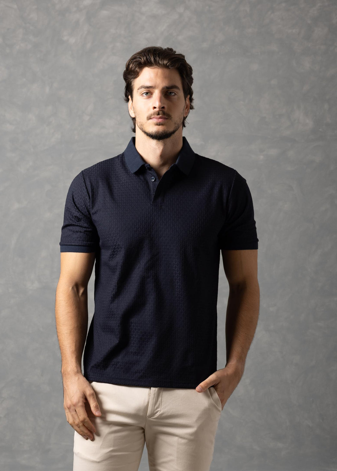 Basketweave Textured Knit Polo Shirt