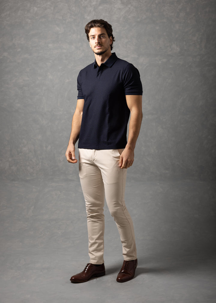 Basketweave Textured Knit Polo Shirt