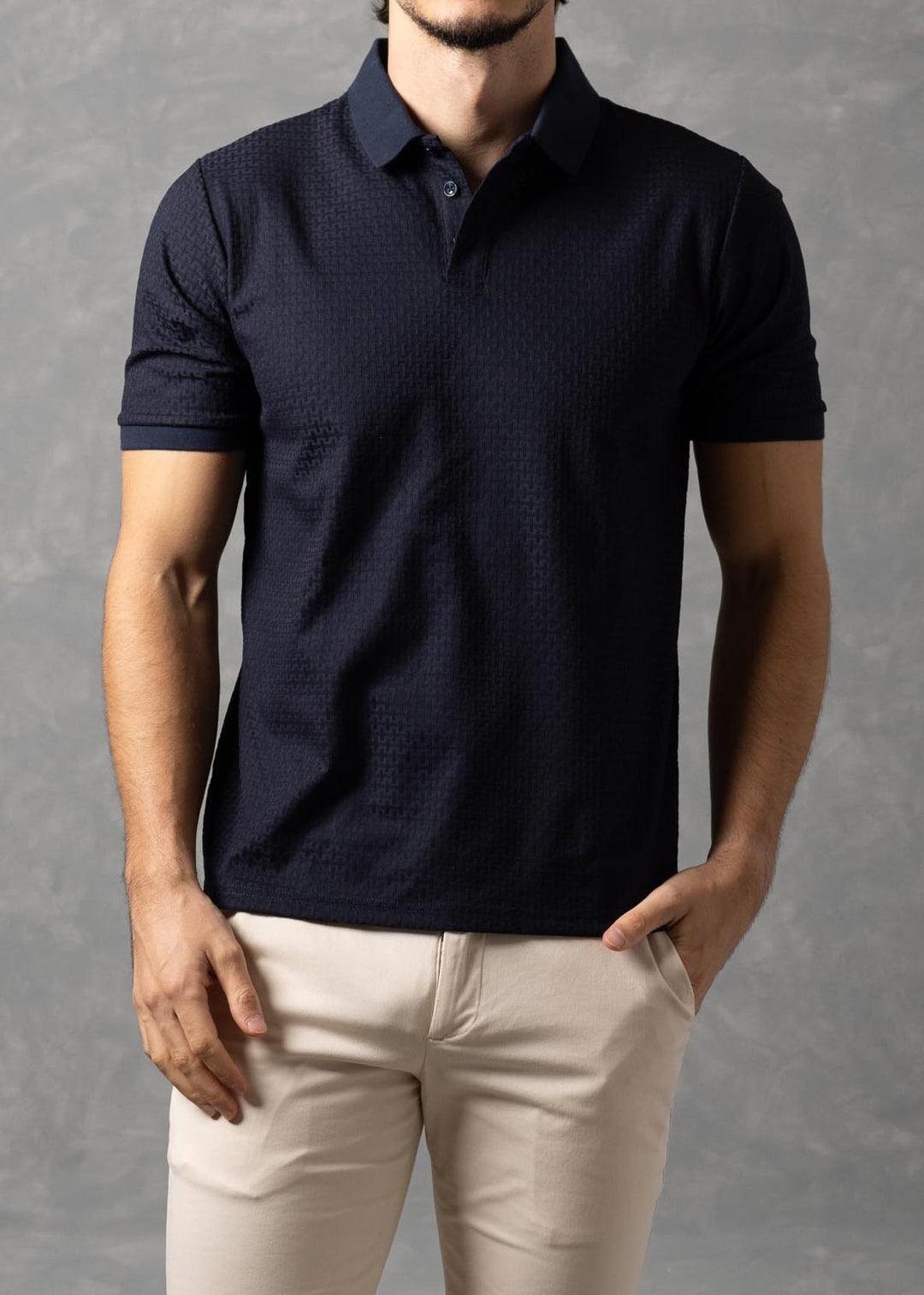Basketweave Textured Knit Polo Shirt