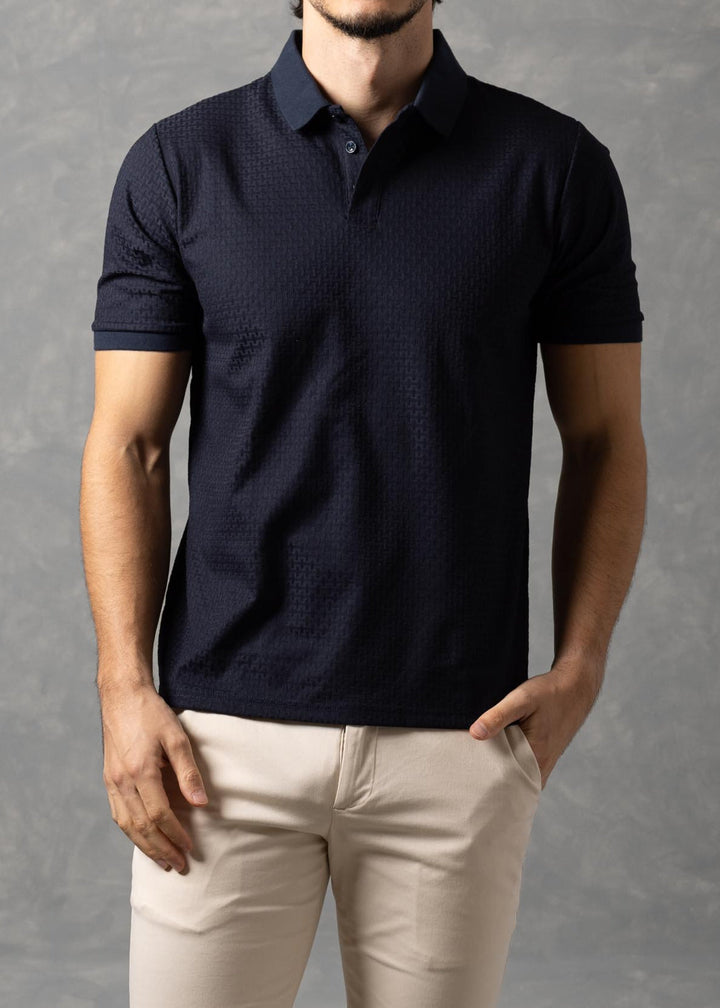 Basketweave Textured Knit Polo Shirt
