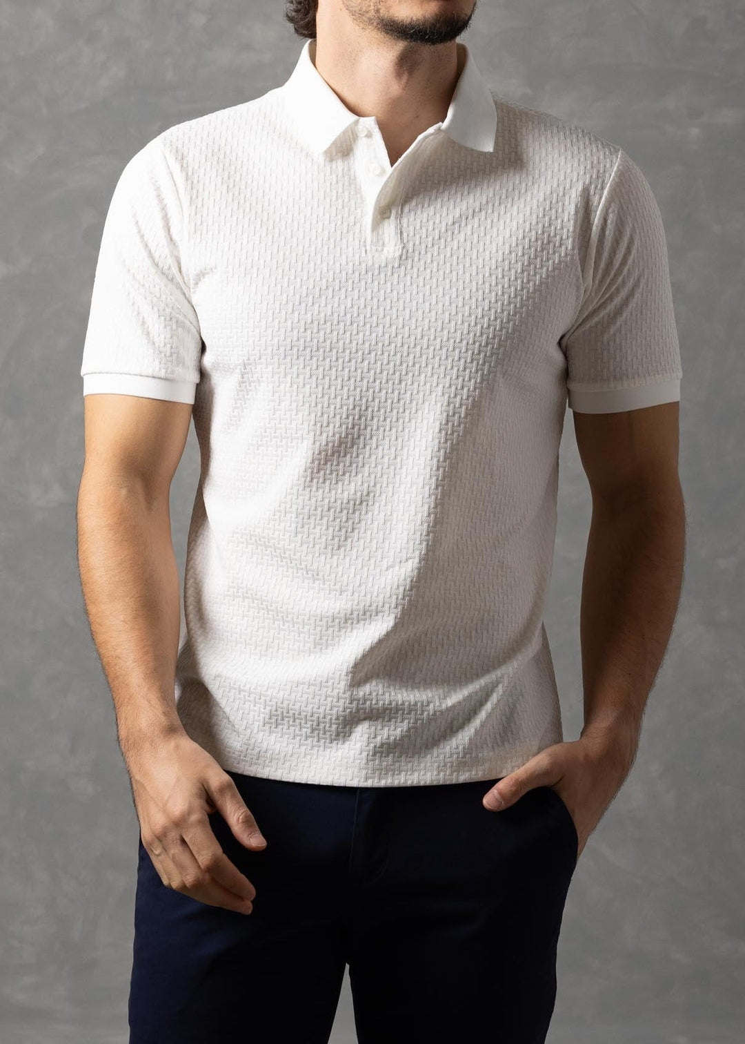 Basketweave Textured Knit Polo Shirt