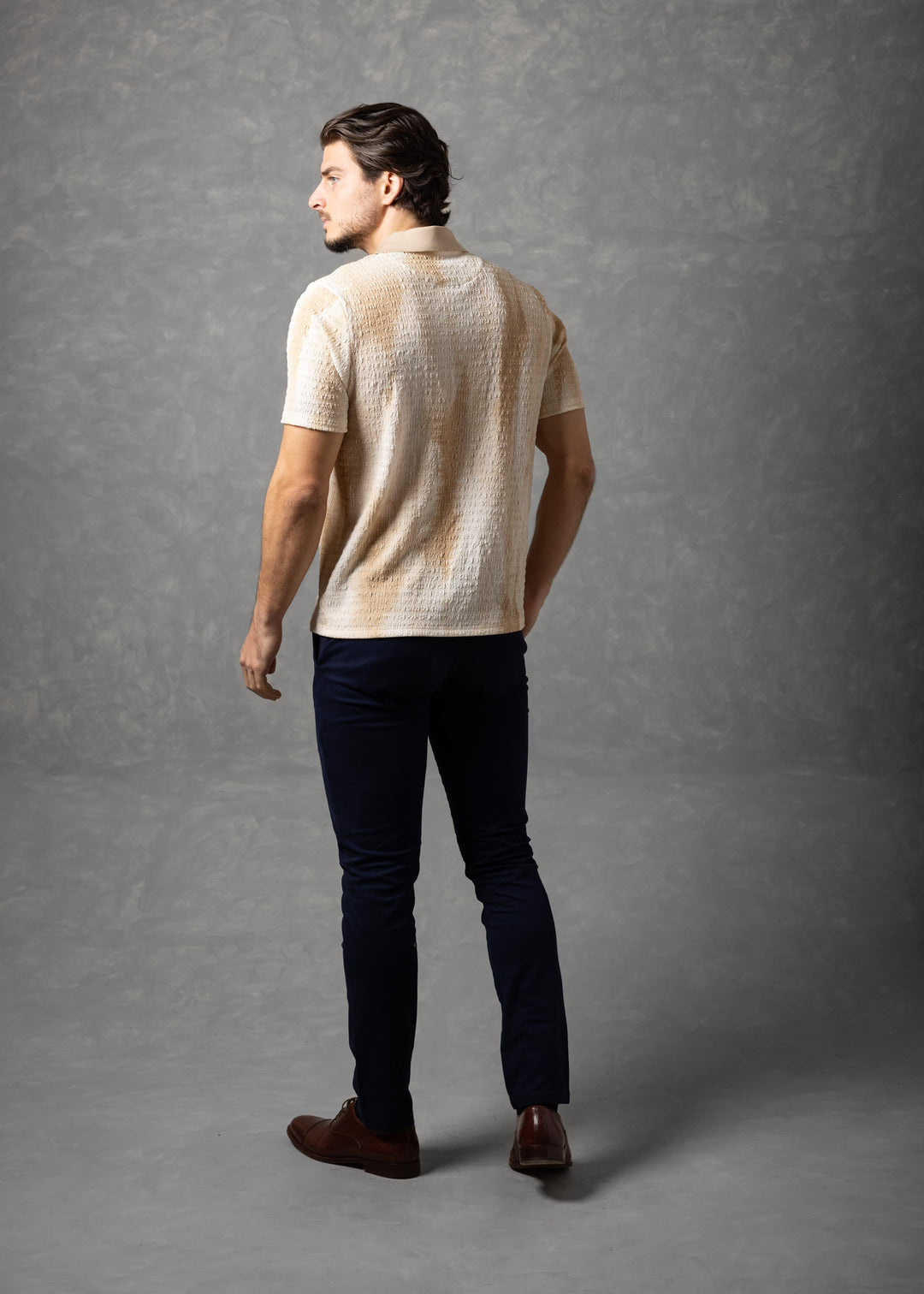 Tonal Crinkle Texture Short Sleeve Polo Shirt