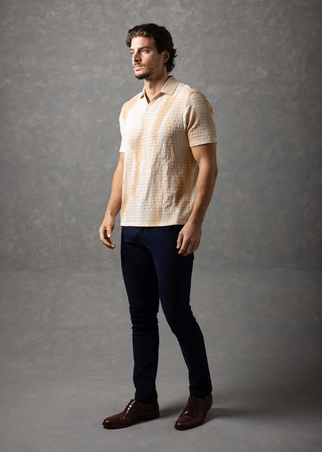 Tonal Crinkle Texture Short Sleeve Polo Shirt