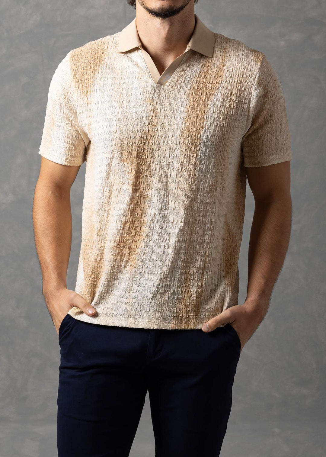 Tonal Crinkle Texture Short Sleeve Polo Shirt