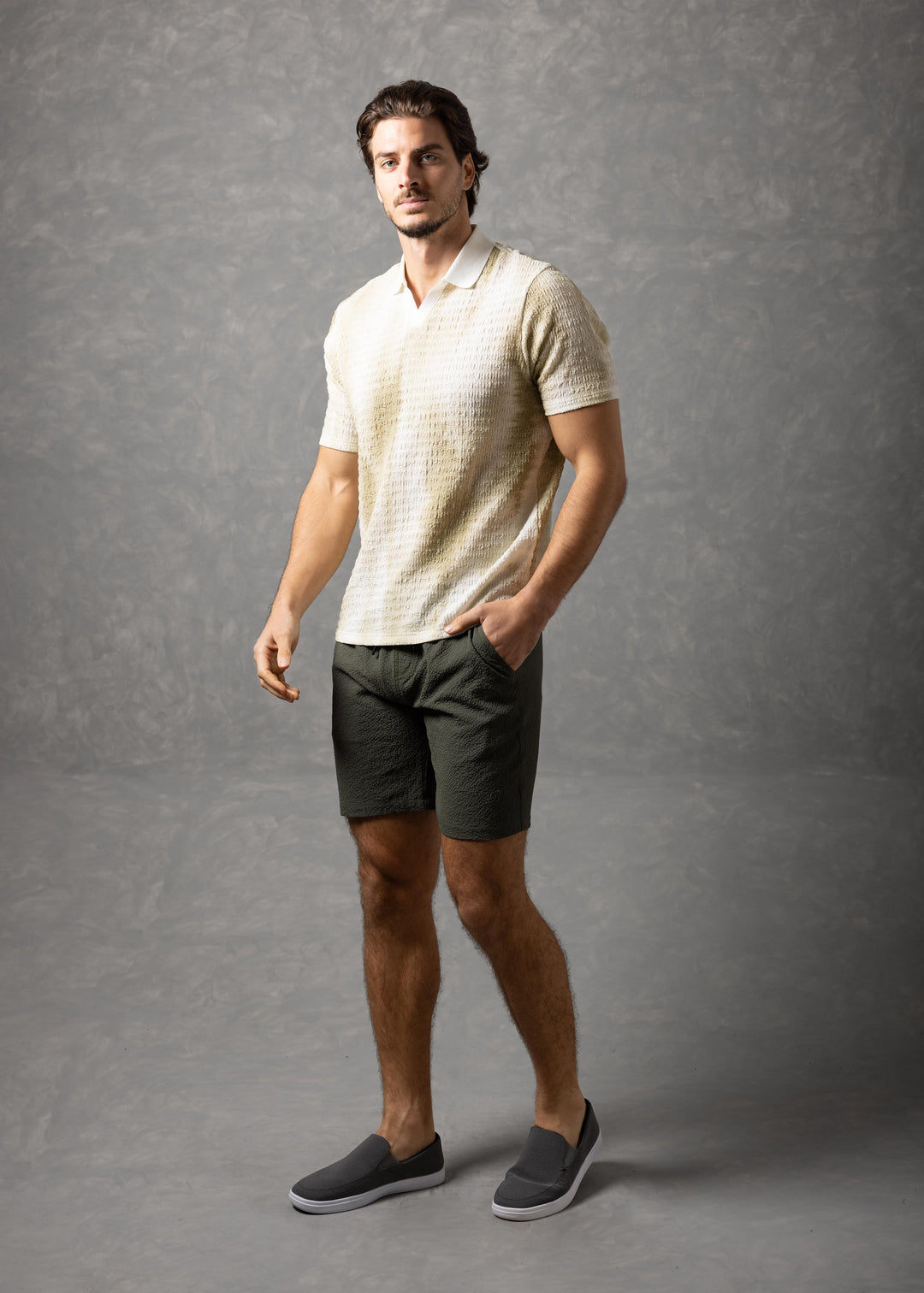 Tonal Crinkle Texture Short Sleeve Polo Shirt