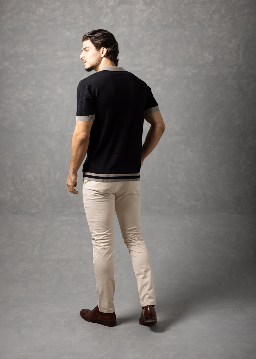 Textured Knit Polo Shirt with Contrast Collar