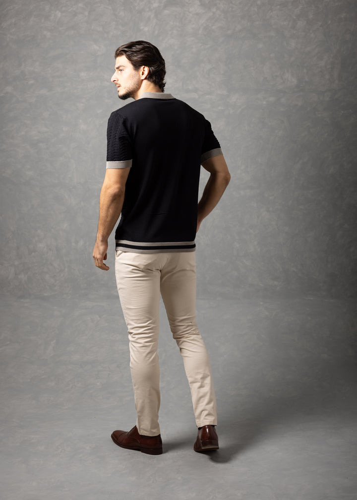 Textured Knit Polo Shirt with Contrast Collar