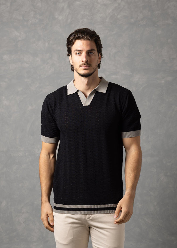 Textured Knit Polo Shirt with Contrast Collar