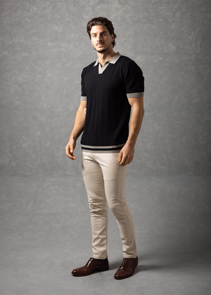 Textured Knit Polo Shirt with Contrast Collar