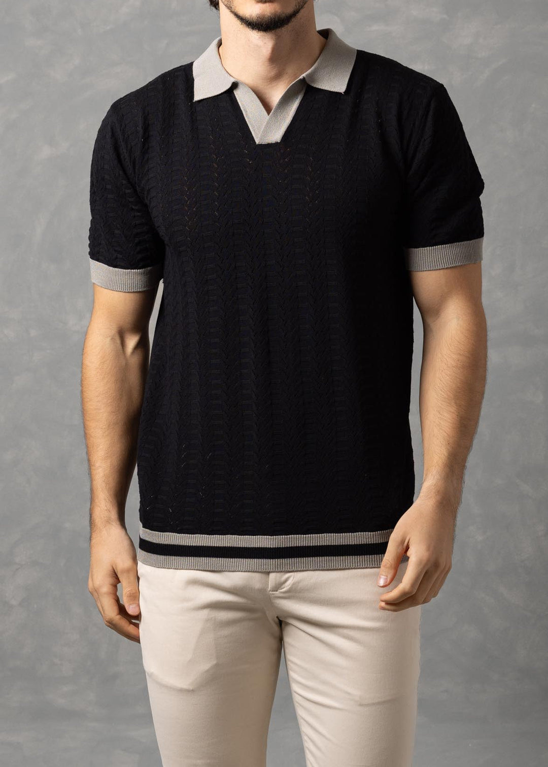 Textured Knit Polo Shirt with Contrast Collar