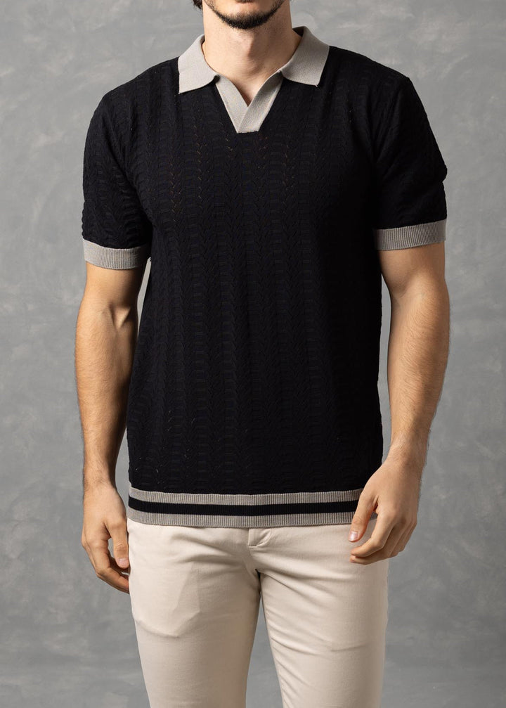 Textured Knit Polo Shirt with Contrast Collar