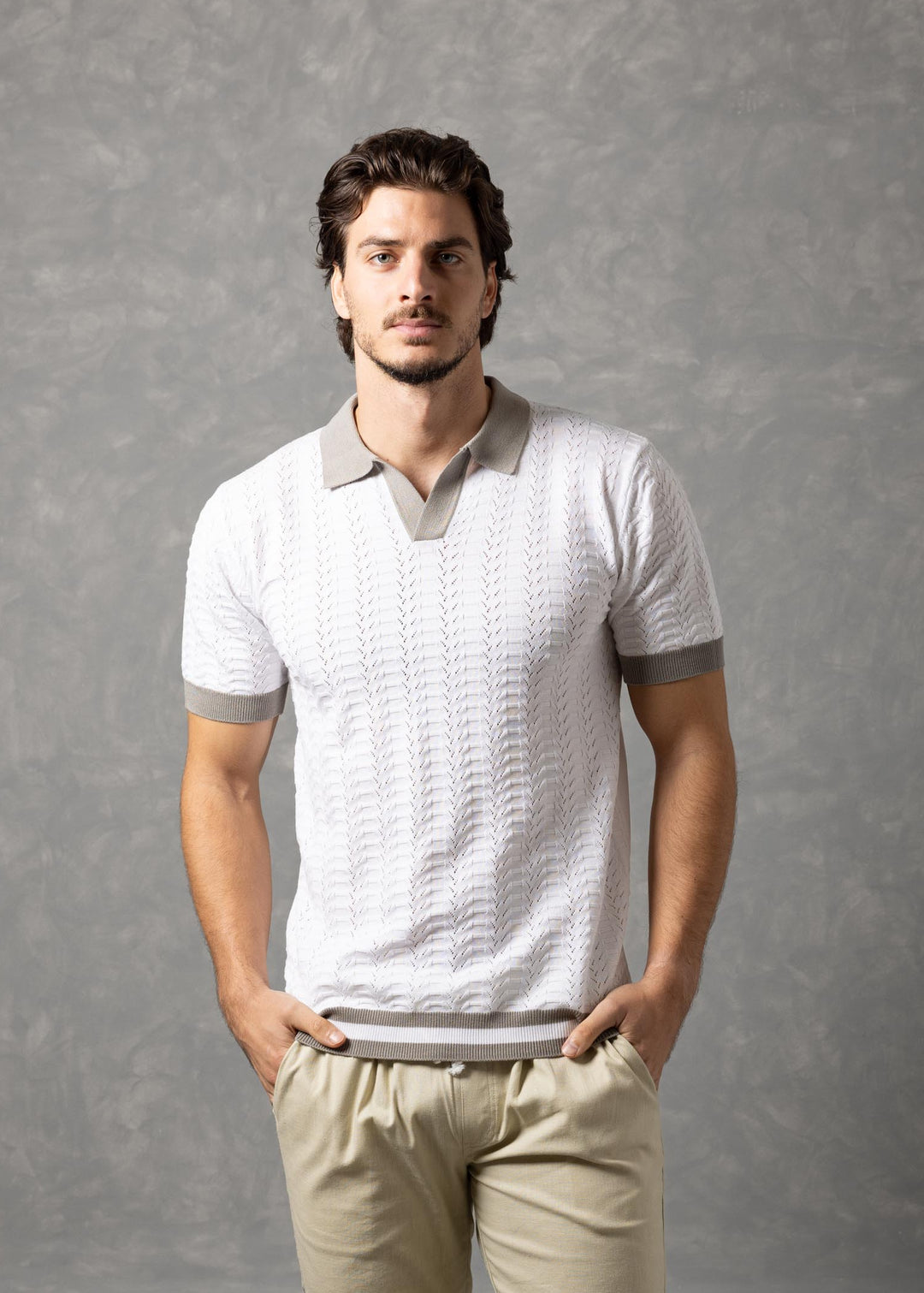 Textured Knit Polo Shirt with Contrast Collar