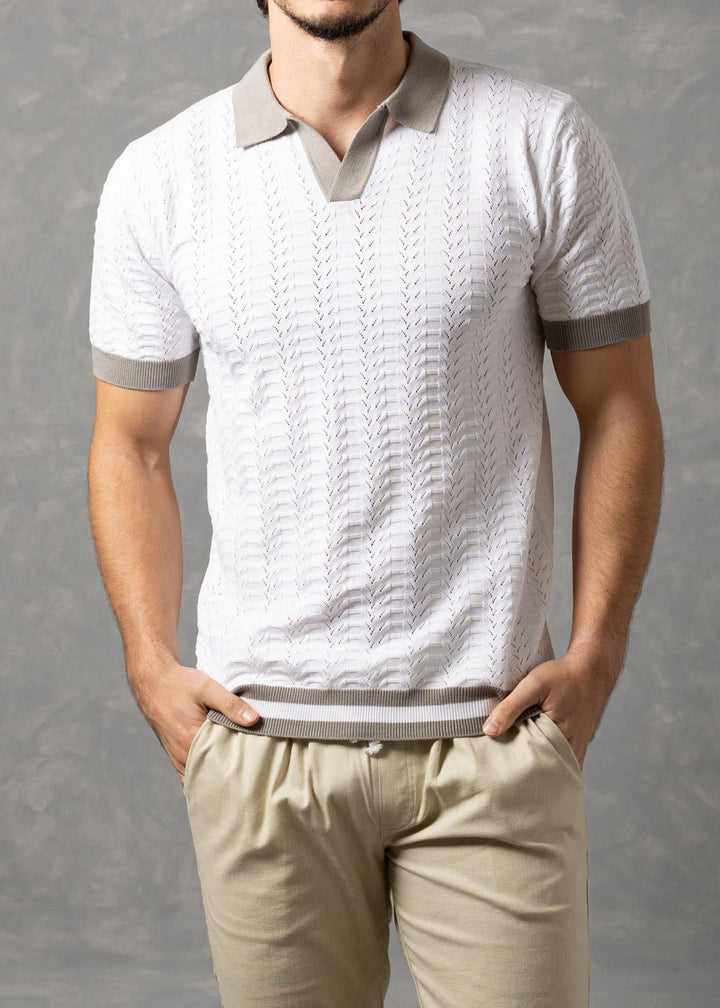 Textured Knit Polo Shirt with Contrast Collar