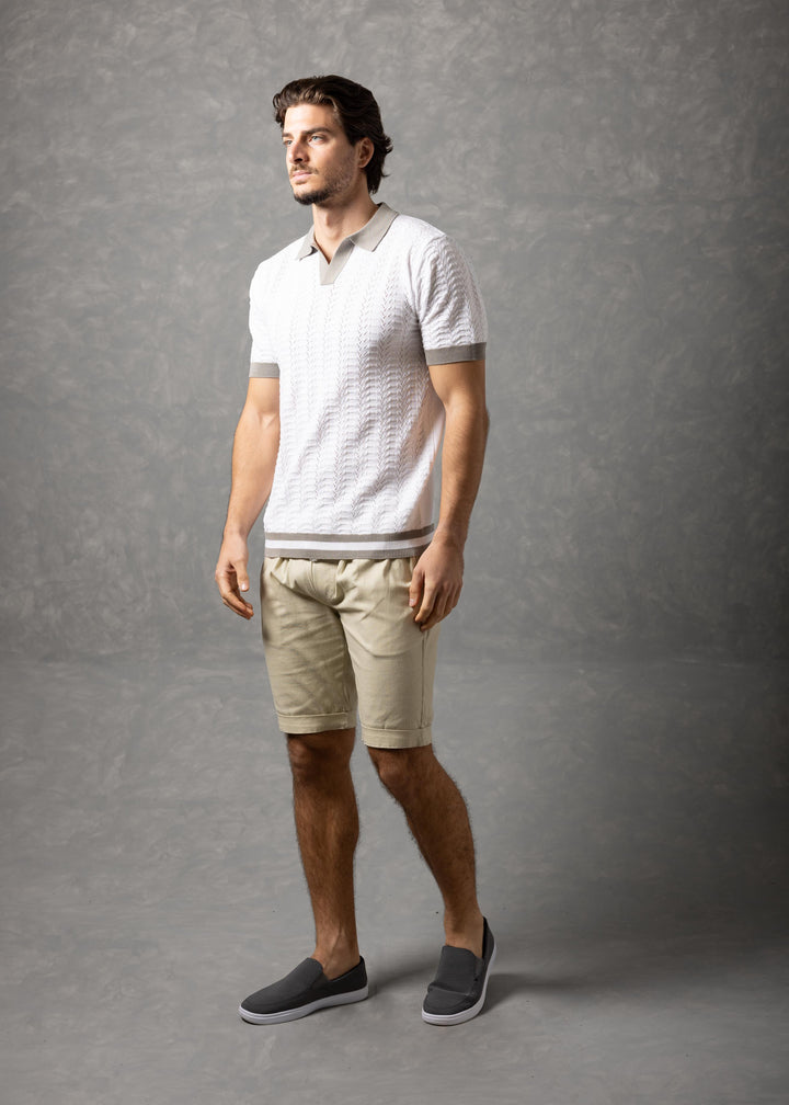 Textured Knit Polo Shirt with Contrast Collar