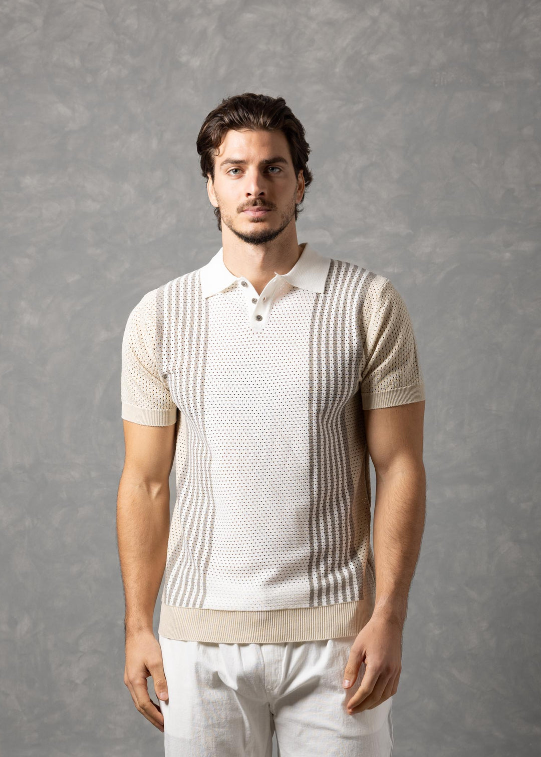 Portofino – Colorblock Textured Knit Polo with Vertical Stripe Panel